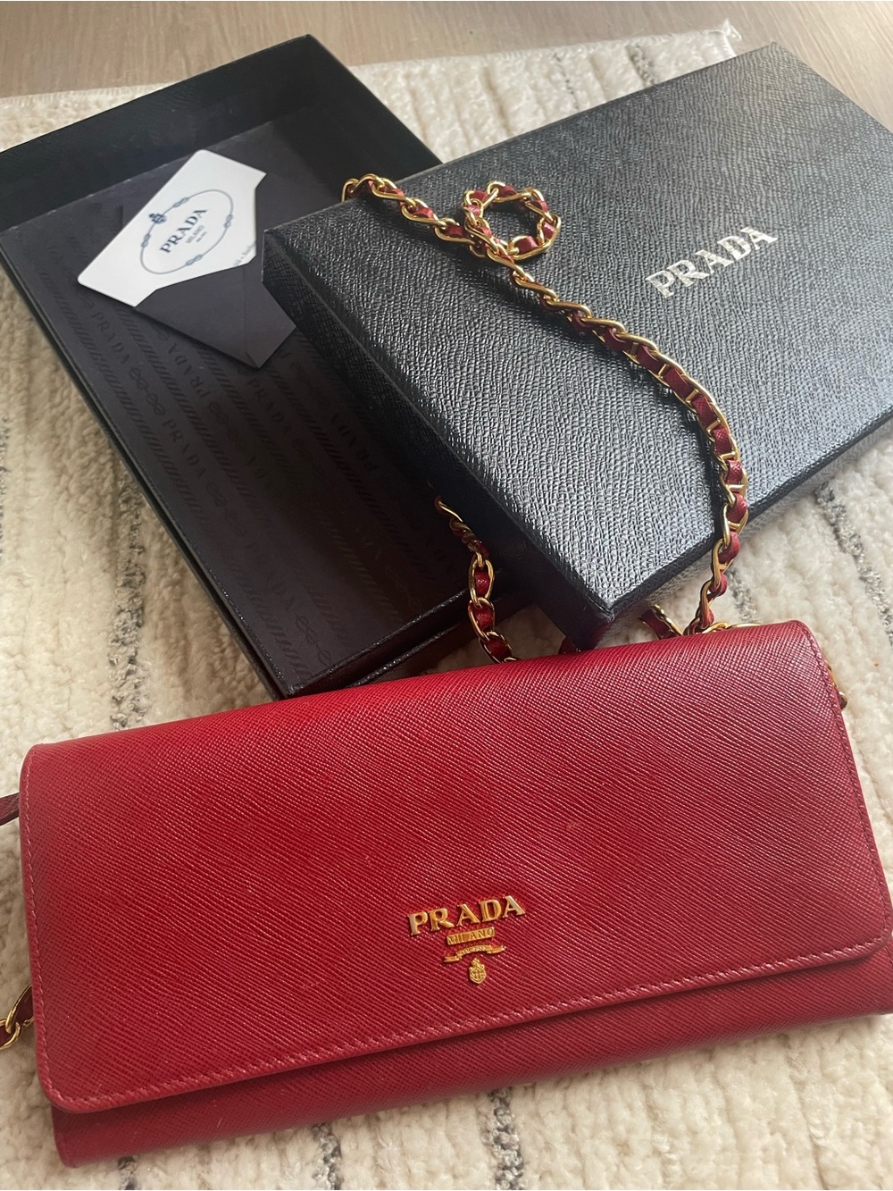 Prada Red Saffiano Leather Chain Crossbody Wallet